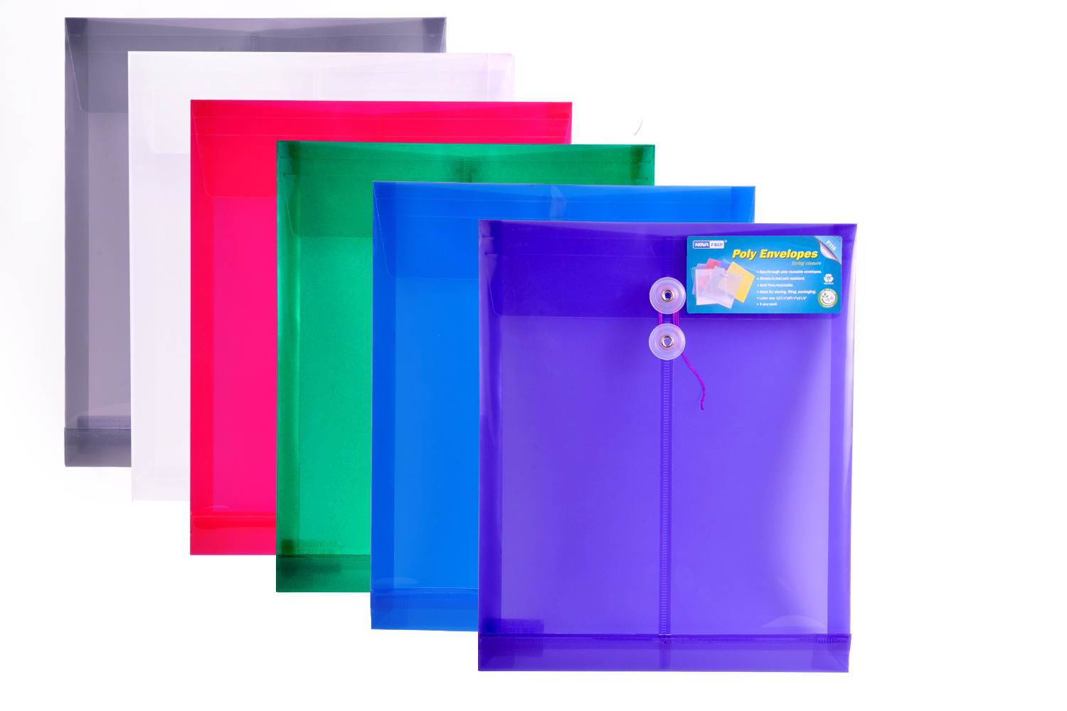 若者の大愛商品 Letter Size Poly String Envelope with Expandable Gusset, 6pc Mix Colours Set 1green,1blue,2clear,1purple,1red , Water tear Resistant-translucent